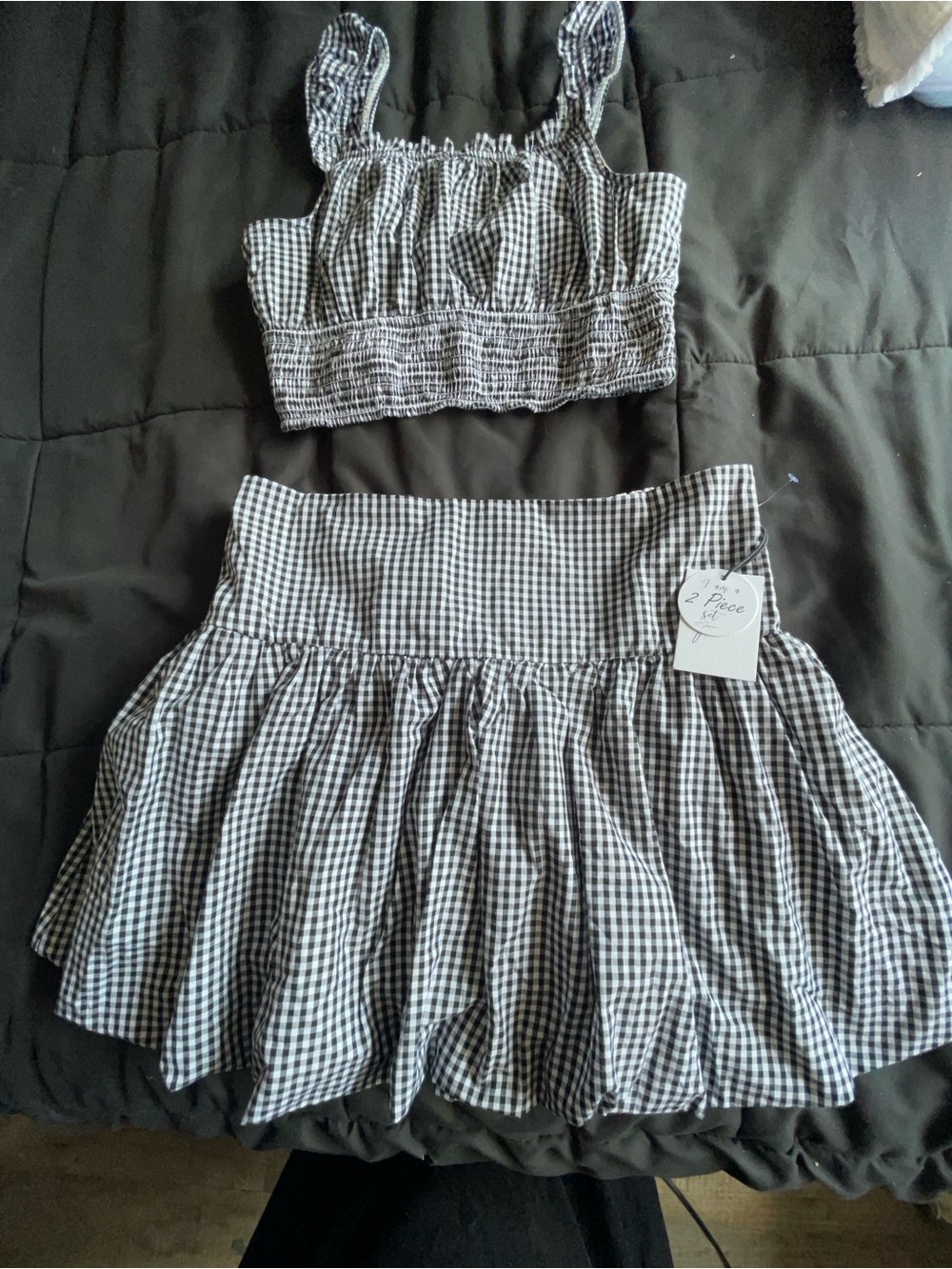 Japna Black and White Gingham Two-Piece Skirt Set